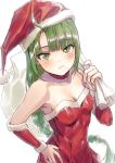  1girl ahoge bangs bare_shoulders blunt_bangs blush braid breasts christmas cleavage closed_mouth collar collarbone dress eyebrows_visible_through_hair green_eyes green_hair hand_on_hip hat highres holding holding_sack kantai_collection long_hair looking_at_viewer medium_breasts mole mole_under_mouth piza_rokumai sack santa_costume santa_hat simple_background single_braid solo white_background yuugumo_(kantai_collection) 