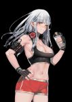  1girl absurdres arm_strap bangs blunt_bangs blush bottle breasts clothes_writing eyebrows_visible_through_hair facial_mark girls_frontline green_eyes grin hair_ornament highres hk416_(girls_frontline) holding holding_bottle ihobus large_breasts long_hair looking_at_viewer navel short_shorts shorts silver_hair smile solo sports_bra sportswear stomach sweat teardrop toned very_long_hair 