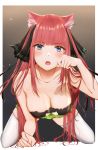  1girl all_fours animal_ears bangs blue_eyes blunt_bangs blush breasts cat_cutout cat_ears cat_lingerie cat_tail cleavage cleavage_cutout collarbone eyebrows_visible_through_hair fangs go-toubun_no_hanayome green_skirt hair_ornament hair_ribbon highres large_breasts long_hair looking_at_viewer meme_attire nakano_nino open_mouth outside_border paw_pose pleated_skirt red_hair ribbon sidelocks skindentation skirt solo tail thighhighs tsurime uiri-na white_legwear 