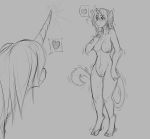  &lt;3 2019 ambiguous_gender anthro blush breasts duo equid female grey_background hair hooves horn mammal monochrome navel nipples nude pussy pussy_juice simple_background speech_bubble standing surprise sweat transformation unicorn watsup 