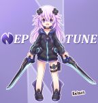  1girl :d absurdres adult_neptune bare_legs black_choker black_jacket character_name choker commentary d-pad d-pad_hair_ornament dual_wielding english_commentary full_body hair_between_eyes hair_ornament highres holding holding_sword holding_weapon holster hood hooded_jacket jacket kelsuis long_hair looking_at_viewer neptune_(series) open_mouth purple_background purple_eyes purple_hair shin_jigen_game_neptune_vii smile solo sword thigh_strap usb weapon younger zipper 