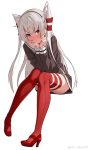  1girl amatsukaze_(kantai_collection) artist_name blush brown_eyes closed_mouth commentary_request dress eyebrows_visible_through_hair full_body grey_hair hair_ribbon hands_on_own_cheeks hands_on_own_face high_heels highres kantai_collection knees_together_feet_apart long_hair red_footwear red_legwear ribbon sailor_dress shoes short_dress simple_background sitting solo takanashi_kei_(hitsujikan) thighhighs two_side_up white_background 