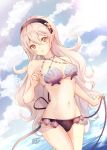  1girl :o artist_name atoatto bangs bare_arms bare_shoulders bikini black_bikini_bottom black_hairband blush breasts cleavage cloud cloudy_sky collarbone commentary_request cowboy_shot day eyebrows_visible_through_hair female_my_unit_(fire_emblem_if) fire_emblem fire_emblem_cipher fire_emblem_if hair_between_eyes hair_ornament hairband holding long_hair looking_at_viewer mamkute medium_breasts my_unit_(fire_emblem_if) navel nintendo ocean open_mouth outdoors pointy_ears red_eyes seashell see-through shell shell_bikini silver_hair simple_background sky smile stomach swimsuit very_long_hair water white_hair 