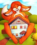  anthro building canid canine cloud eyes_closed female fox fur hair hi_res hindpaw house macro mammal outside paws red_fur red_hair sheela sky smile solo swing tree 