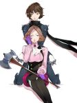  2girls absurdres ascot axe bangs blouse brooch brown_hair buttons closed_mouth crossed_arms floating_hair hand_on_own_cheek hand_on_own_face hand_rest hand_up highres jewelry kneeling legs_crossed lips lipstick long_sleeves looking_at_viewer makeup multiple_girls niijima_makoto no_hat no_headwear no_mask okumura_haru open_mouth pantyhose persona persona_5 scarf short_hair shorts sidelocks simple_background sitting smile spikes weapon white_background wind yuki_(bacocoa) 