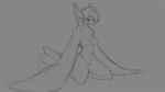  16:9 2018 anthro avian bird breasts female grey_background hair kneeling looking_at_viewer monochrome navel nipples nude pussy simple_background smile solo watsup wings 