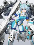  1girl alice_gear_aegis bangs bazooka blue_eyes blue_hair bodysuit breasts closed_mouth eyebrows_visible_through_hair hair_between_eyes headgear highres holding holding_weapon looking_at_viewer mecha mecha_musume nina_kalinina simple_background solo weapon zb 