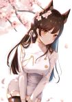  1girl animal_ears atago_(azur_lane) azur_lane bangs black_hair black_legwear blush breasts brown_eyes cherry_blossoms closed_mouth cowboy_shot extra_ears eyebrows_visible_through_hair gloves hair_ribbon highres large_breasts leaning_forward long_hair looking_at_viewer military military_uniform miniskirt mole mole_under_eye ribbon skirt smile solo swept_bangs thighhighs uiri-na uniform white_ribbon 