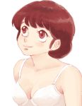  1girl arms_at_sides bare_arms bare_shoulders blush bra breasts brown_hair cleavage closed_mouth commentary_request eyebrows_visible_through_hair female lafolie lingerie looking_up maison_ikkoku medium_breasts neck otonashi_ikuko red_eyes short_hair simple_background small_breasts smile solo underwear upper_body white_background white_bra 
