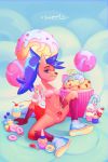 2019 absurd_res anthro artyfoxter blue_hair breasts brown_eyes cake candy canid canine cherry clothing digital_media_(artwork) doughnut female food fox fruit fur hair hi_res humanoid_hands lollipop looking_at_viewer macaroon mammal nipples nude pink_nipples pink_pussy plant pussy solo strawberry sweets word 