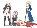  4girls ahoge arm_support artoria_pendragon_(all) artoria_pendragon_(swimsuit_rider_alter) bikini black_bikini blonde_hair braid breasts cleavage commentary_request fate/apocrypha fate/grand_order fate/stay_night fate_(series) french_braid gray_(lord_el-melloi_ii) groin hand_on_hip hood jacket lord_el-melloi_ii_case_files lying maid_bikini medium_breasts mop mordred_(fate) mordred_(fate)_(all) multiple_girls on_side saber shiseki_hirame squatting swimsuit thighhighs white_background 