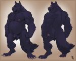  2018 5:4 animal_genitalia anthro back_muscles backsack badcoyote ball_tuft balls biceps black_fur blue_eyes butt canid canine canis claws fangs front_view fur lubes male mammal musclegut muscular muscular_male nipples nude pecs penis penis_tip quads rear_view sheath slightly_chubby solo standing teeth toe_claws triceps wolf 