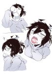  1girl ? absurdres bags_under_eyes black_hair cum cum_in_mouth drinking_cum eyes_closed female highres hood hoodie karasu_raven open_mouth original sleeves_past_wrists solo tongue tongue_out toothbrush uvula 