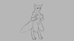  16:9 2018 anthro breasts canid canine canis chest_tuft cute_fangs digitigrade female grey_background mammal monochrome navel nipples nude pussy simple_background smile solo standing tuft watsup wolf 