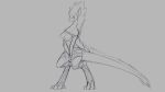  16:9 2018 anthro breasts clothing covering covering_crotch digitigrade dragon female grey_background half-closed_eyes implied_transformation monochrome nipples simple_background snout solo standing torn_clothing watsup 