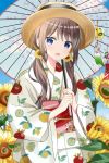  1girl :d bangs blue_eyes blue_sky blurry blurry_foreground blush brown_hair brown_headwear cloud commentary_request day depth_of_field eyebrows_visible_through_hair flower food_print hair_between_eyes hair_flower hair_ornament highres holding holding_umbrella japanese_clothes kimono lemon_print long_hair long_sleeves looking_at_viewer low_twintails obi open_mouth oriental_umbrella original outdoors print_kimono revision ryoutan sash sky smile snowflake_hair_ornament solo sunflower transparent transparent_umbrella twintails umbrella upper_body white_kimono wide_sleeves wind_chime yellow_flower 