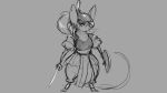  16:9 2018 4k absurd_res anthro armor breasts digitigrade female grey_background headgear helmet hi_res looking_at_viewer mammal melee_weapon monochrome mouse murid murine ponytail rodent shield simple_background solo standing sword watsup weapon 