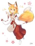  1girl absurdres animal_ear_fluff animal_ears apron bangs blonde_hair blush brown_apron chestnut_mouth collarbone commentary_request coreytaiyo dated double_fox_shadow_puppet eyebrows_visible_through_hair flower fox_ears fox_girl fox_shadow_puppet fox_tail full_body hair_between_eyes hair_flower hair_ornament hakama hand_up highres japanese_clothes kimono long_hair long_sleeves looking_at_viewer parted_lips red_flower red_hakama ribbon-trimmed_sleeves ribbon_trim senko_(sewayaki_kitsune_no_senko-san) sewayaki_kitsune_no_senko-san signature simple_background socks solo tabi tail white_background white_kimono white_legwear wide_sleeves yellow_eyes 