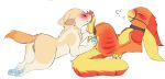  2019 blue_pawpads dasyuromorph digital_media_(artwork) duo female feral fur hybrid mammal mango_(mangobird) mangobird marsupial orange_fur pawpads pussy red_fur simple_background tasmanian_devil white_background yellow_fur 