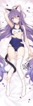  1girl :o absurdly_long_hair ahoge animal_ear_fluff animal_ears arm_up armpits bangs bare_arms bare_shoulders bed_sheet black_choker blue_eyes blue_swimsuit blush breasts byulzzimon cat_ears cat_girl cat_tail choker cleavage collarbone covered_navel crotch_seam dakimakura full_body hair_between_eyes highres holding long_hair looking_at_viewer lying medium_breasts no_shoes on_back original parted_lips petals purple_hair school_swimsuit scissors signature skindentation solo swimsuit tail thighhighs thighs torn_clothes torn_legwear torn_swimsuit very_long_hair white_legwear 
