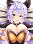  1girl animal_ears areola_slip areolae blush bow breast_grab breasts cleavage commentary_request grabbing granblue_fantasy hair_between_eyes hair_bow heavy_breathing large_breasts long_hair looking_at_viewer lying open_mouth pov purple_eyes purple_hair satyr_(granblue_fantasy) uni8 