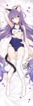  1girl absurdly_long_hair ahoge animal_ear_fluff animal_ears arm_up armpits bangs bare_arms bare_shoulders bed_sheet black_choker blue_eyes blue_swimsuit breasts byulzzimon cat_ears cat_girl cat_tail choker cleavage closed_mouth collarbone covered_navel crotch_seam dakimakura expressionless full_body hair_between_eyes highres holding long_hair looking_at_viewer lying medium_breasts no_shoes on_back original petals purple_hair school_swimsuit scissors signature skindentation solo swimsuit tail thighhighs thighs torn_clothes torn_legwear torn_swimsuit very_long_hair white_legwear 