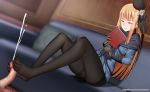  1girl blonde_hair blue_eyes blush couch cum ejaculation fate/grand_order fate_(series) feet footjob half-closed_eyes hat long_hair no_panties pantyhose parted_lips reading reines_el-melloi_archisorte sitting toes 