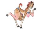  2018 absurd_res anthro big_breasts blush breasts clothing female giraffe giraffid hair hi_res hooves horn looking_at_viewer mammal mostly_nude nipples open_mouth simple_background solo teats thick_thighs torn_clothing transformation watsup white_background 