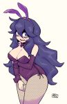  1girl animal_ears bare_shoulders black_hair blush breasts bunny_ears bunnysuit cleavage creatures_(company) curvy detached_sleeves game_freak hex_maniac_(pokemon) highres large_breasts leotard nintendo npc_trainer pantyhose pokemon pokemon_(game) pokemon_xy purple_leotard smile solo 