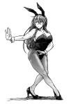  1girl alternate_costume animal_ears braid breasts bunny_ears bunnysuit cleavage commentary commentary_request fighting_stance full_body hairband high_heels hong_meiling koyubi_(littlefinger1988) large_breasts long_hair muscle muscular_female off_shoulder pantyhose scar simple_background solo thighs touhou twin_braids white_background 