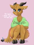  absurd_res anthro aulann big_breasts blue_eyes blush booponies bottomwear bovid breasts caprine cleavage clothed clothing concerned crouching eyelashes female fluffy goat hi_res hooves horn looking_at_viewer mammal panties piercing sex_toy shirt skirt text topwear underwear 