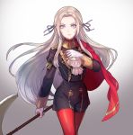  1girl axe blonde_hair blue_eyes cape cravat edelgard_von_hresvelgr_(fire_emblem) fire_emblem fire_emblem:_fuukasetsugetsu gloves hair_ornament highres kokouno_oyazi long_hair looking_at_viewer nintendo pantyhose red_cape ribbon simple_background smile solo uniform weapon white_background 