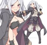  1girl angry bangs black_footwear black_gloves blush boots breasts cape cleavage cloak covering covering_breasts covering_crotch eyes_visible_through_hair female_my_unit_(fire_emblem:_kakusei) fire_emblem fire_emblem:_kakusei fire_emblem_heroes gimurei gloves groin hood jacket large_breasts long_hair long_sleeves looking_at_viewer multiple_views my_unit_(fire_emblem:_kakusei) naked_cape navel nintendo nude parted_bangs red_eyes shirt shiseki_hirame simple_background skirt teeth translation_request twintails white_background white_legwear white_shirt 
