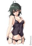  1girl ahoge artist_name black_panties blush breasts bustier cleavage commentary_request covered_navel cowboy_shot cropped_legs ebifurya eyepatch garter_straps green_eyes green_hair hair_between_eyes hand_on_own_chest highres kantai_collection kiso_(kantai_collection) lingerie open_mouth panties short_hair side-tie_panties simple_background small_breasts solo string_panties thighhighs underwear underwear_only white_background 