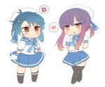  2girls anger_vein black_legwear blue_hair blue_neckwear blue_ribbon blue_sailor_collar blue_skirt brown_eyes chibi fukae_(kantai_collection) full_body gloves gradient_hair hat heart index_finger_raised kantai_collection kneehighs multicolored_hair multiple_girls neckerchief orange_hair pleated_skirt puffy_short_sleeves puffy_sleeves purple_eyes purple_hair ribbon sailor_collar sailor_hat school_uniform serafuku short_hair short_sleeves side_ponytail sidelocks simoyuki skirt spoken_anger_vein spoken_heart standing tareme thighhighs tsushima_(kantai_collection) white_gloves white_headwear 