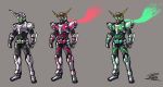  3boys antennae belt bodysuit commentary compound_eyes crossover glowing glowing_eyes green_eyes gundam gundam_unicorn helmet horn kamen_rider male_focus multiple_boys neon_trim no_pupils rider_belt scarf standing translation_request unicorn_gundam yusuki_(fukumen) 