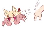  1girl animal_ear_fluff animal_ears animalization bangs blonde_hair blush crab_girl eyebrows_visible_through_hair fox_ears hair_between_eyes hair_bun hair_ornament kemomimi-chan_(naga_u) looking_at_viewer naga_u nintendo original out_of_frame red_eyes simple_background solo_focus speed_lines super_smash_bros. throwing white_background 