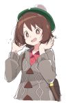  1girl bag blush brown_eyes brown_hair creatures_(company) eyebrows_visible_through_hair female_protagonist_(pokemon_swsh) game_freak green_headwear hat ixy looking_at_viewer nintendo open_mouth pokemon pokemon_(game) pokemon_swsh short_hair simple_background smile solo tam_o&#039;_shanter white_background 