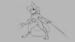  16:9 2018 anthro breasts canid canine canis digitigrade female grey_background hair mammal melee_weapon monochrome navel nipples nude open_mouth pussy simple_background solo standing surprise sword watsup weapon wolf 