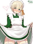  1girl alternate_costume apron bangs blonde_hair blue_eyes blunt_bangs blush commentary_request cowboy_shot dress dress_shirt enmaided frilled_apron frills garter_straps gluteal_fold green_dress hair_ornament highres kantai_collection long_hair looking_at_viewer maid maid_headdress panties pantyshot ribbon shin&#039;you_(kantai_collection) shirt side_ponytail simple_background solo standing takase_muu thighhighs underwear white_apron white_background white_legwear white_panties 