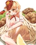  1girl ass bangs bare_shoulders bird blonde_hair blush breasts brown_skirt chick chicken_(food) commentary_request eyebrows_visible_through_hair feathered_wings feet_out_of_frame food fruit hand_up kerotsupii_deisuku lemon lemon_slice looking_at_viewer lying medium_breasts multicolored_hair neck_ribbon niwatari_kutaka on_side open_mouth red_eyes red_hair red_neckwear red_ribbon ribbon shadow shirt short_hair simple_background skirt solo tail_feathers tomato torn_clothes torn_shirt torn_skirt touhou two-tone_hair wet wet_clothes wet_shirt white_background wings x_x yellow_wings 