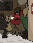  anthro avian beak beverage bird brown_feathers brown_hair clothed clothing coffee dota feathers female hair hi_res kitchen panties tail_feathers the_intern tired topwear trout_(artist) underwear video_games wings 