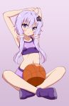  1girl :o ahoge alternate_costume armpits arms_up bangs bare_legs basketball blush breasts collarbone commentary_request full_body gin&#039;you_haru hair_between_eyes hair_ornament indian_style looking_at_viewer navel parted_lips purple_eyes purple_footwear purple_hair short_hair_with_long_locks sidelocks sitting small_breasts solo sports_bra voiceroid yuzuki_yukari 