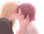  2girls arm_holding bangs blonde_hair blush eyebrows_visible_through_hair eyes_closed french_kiss hands_on_another&#039;s_cheeks hands_on_another&#039;s_face kiss long_hair multiple_girls new_game! open_mouth purple_hair short_hair simple_background tongue tongue_out tooyama_rin white_background yagami_kou yuri yuuki_(yunky373) 