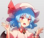  1girl 60mai bangs bat_wings blue_hair blush brooch commentary_request dress eyebrows_visible_through_hair fang grey_background hands_up hat hat_ribbon jewelry jitome looking_at_viewer mob_cap open_mouth pink_dress pink_headwear puffy_short_sleeves puffy_sleeves red_eyes red_ribbon remilia_scarlet ribbon short_hair short_sleeves simple_background solo touhou upper_body wings wrist_cuffs 