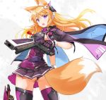  1girl animal_ears bangs breasts cape commentary cowboy_shot eyebrows_visible_through_hair fatkewell fox_ears fox_girl fox_tail gloves gun hair_between_eyes headgear holding holding_gun holding_weapon long_hair looking_at_viewer looking_to_the_side mecha_musume medium_breasts open_mouth orange_hair original parted_bangs purple_eyes purple_shirt purple_skirt shirt sidelocks simple_background skirt solo tail thighhighs weapon zettai_ryouiki 