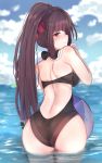  1girl alternate_hairstyle artist_request ass blush breasts embarrassed from_behind girls_frontline hair_ribbon huge_ass large_breasts long_hair looking_at_viewer looking_back one-piece_swimsuit ponytail purple_hair red_eyes ribbon scrunchie shiny shiny_clothes shiny_skin sideboob solo swimsuit very_long_hair wa2000_(girls_frontline) water wet wet_clothes wet_hair wet_skin 