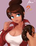  1girl ? absurdres aikuxa artist_name asahina_aoi blue_eyes blush breasts brown_hair cleavage collarbone danganronpa dark_skin doughnut food hair_ornament hairclip highres jacket large_breasts long_sleeves looking_at_viewer open_mouth pointing pointing_at_self pov purple_background simple_background sweatdrop tied_hair tongue upper_body upper_teeth 