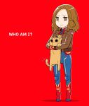  1girl :| american_flag bodysuit brown_eyes brown_hair captain_marvel carol_danvers cat chibi closed_mouth commentary english_text expressionless forehead full_body goose_(marvel) holding holding_cat jacket looking_at_viewer marvel red_background simple_background superhero tail_wagging yamanami_kousuke 