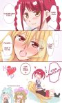  4girls 4koma aqua_hair artist_request blonde_hair blush brown_hair chocolate comic couple cowboy_hat embarrassed english_text food hat heart highres long_hair meifon_sakura multiple_girls pink_hair sagara_momoka shikishima_mirei tokonome_mamori valkyrie_drive valkyrie_drive_-mermaid- yuri 